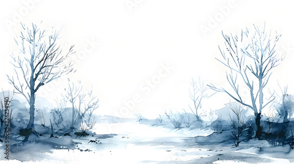 Fototapeta Watercolour illustration of late winter on white background, empty space in the center