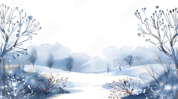 Fototapeta Watercolour illustration of late winter on white background, empty space in the center