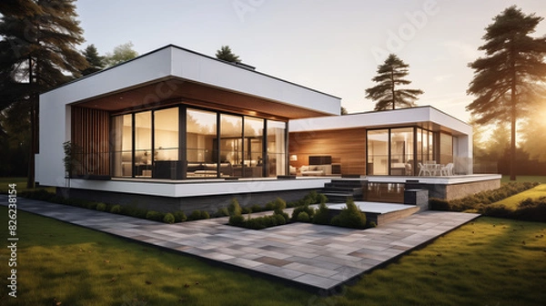 Fototapeta Modern house with large windows and terrace, white modern architecture in the style of Scandinavian minimalism, with wooden elements on the facade.