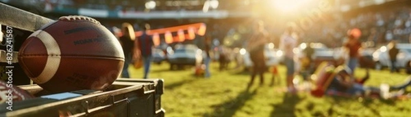 Fototapeta Football Tailgate Focus on fans tailgating with a stadium parking lot background, midday light, empty space left for text Christmas
