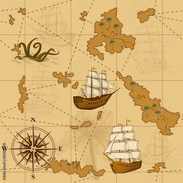 Obraz seamless old map with a compass and ships