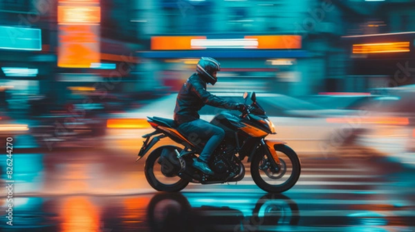 Fototapeta Motorcycle rider in helmet and gear racing at high speed on the nighttime background with motion blur