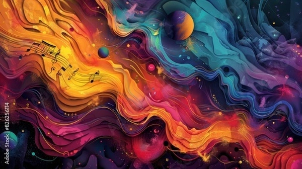 Fototapeta Vibrant colors blend with musical elements in a surreal landscape where creativity and harmony visually intertwine. Generative Ai