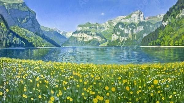 Fototapeta   A painting featuring a yellow-flowered foreground, a blue sky, and cloud-filled background