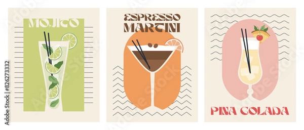 Fototapeta Poster drink set. Cocktail arts. Retro posters with alcohol cocktails. Mojito. Pina colada. Espresso Martini. 90s 80s 70s  groovy posters. Modern trendy print. Drink with fruit and ice.