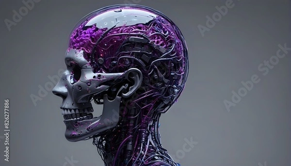 Fototapeta Futuristic AI Art with Brain-Inspired Design and Purple Neuron Accents, Sleek Digital Artwork, Robot Portrait, Cybernetic Avatar