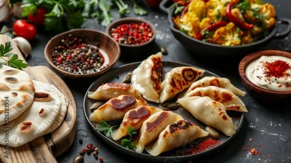 Fototapeta Variety of food items, including dumplings, flatbread, cauliflower, tomatoes, onions, peppers, and a dip, all arranged on a dark background