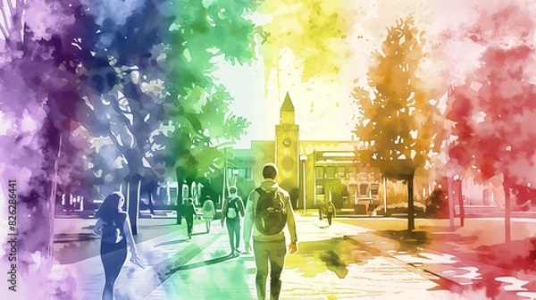 Obraz Watercolor Illustration of a University Campus with Rainbow Colors, Pride Month Background