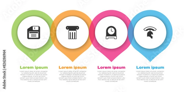 Fototapeta Set Floppy disk, Ancient column, Antique clock and Roman army helmet. Business infographic template. Vector