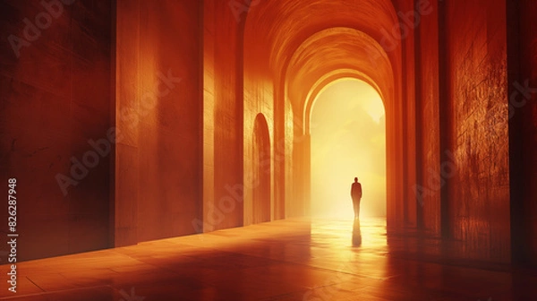 Fototapeta A solitary figure walks towards a bright light at the end of a series of arches, conjuring a feel of mystery and discovery