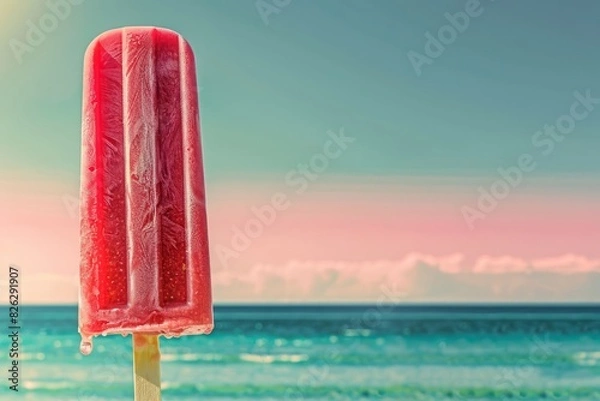 Obraz A raspberry red tropical fruit popsicle glistens in the July sun isolated against a pastel gradient sky and a tranquil azure sea