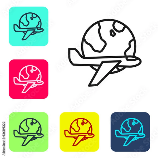 Fototapeta Black line Globe with flying plane icon isolated on white background. Airplane fly around the planet earth. Aircraft world icon. Set icons in color square buttons. Vector