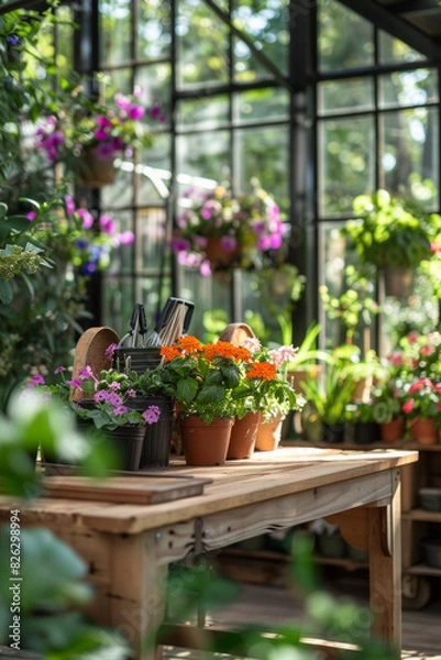 Fototapeta A wooden potting bench in the foreground with a blurred background of a botanical greenhouse. The background includes various potted plants, hanging flowers, gardening tools, and large glass windows