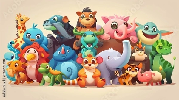 Fototapeta Cartoon animals in a big group. Modern illustration of happy and funny animals.