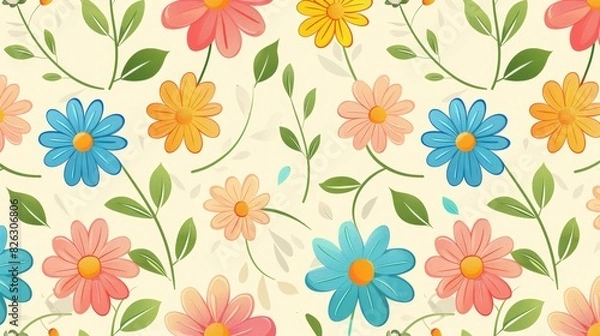 Fototapeta Daisies or camomile groovy modern pattern with country floral background. Suitable for surface design, wallpaper, wrapping paper, textiles, etc.