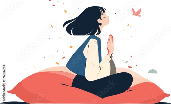 Fototapeta Vector illustration of a young woman in a peaceful seated position on a red meditation cushion