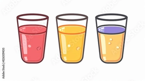Fototapeta An icon set representing a full, half, and empty soda glass in flat design on a white background.