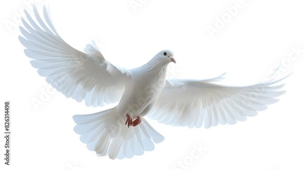 Fototapeta A white dove flies through the air against a white background.  symbolizing freedom and peace.
