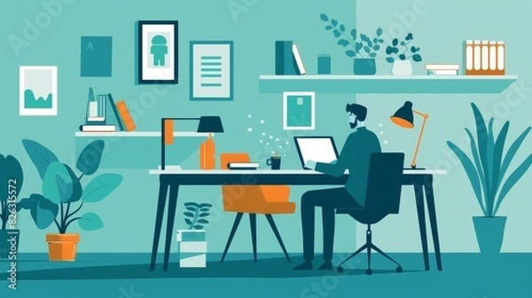 Fototapeta An inflated modern illustration depicting a person working at a desk using a laptop computer. This flat illustration captures a business worker at work seated in a chair at a desk.