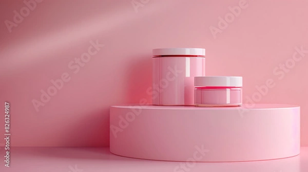 Fototapeta Two containers of pink makeup are displayed on a pink pedestal