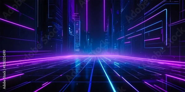 Fototapeta Futuristic background and digital grid pattern with neon blue and purple on a dark background