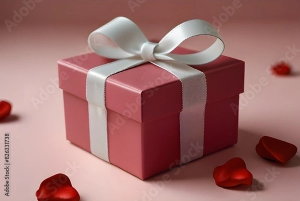 Fototapeta A pink gift box with a white ribbon surrounded by red roses and scattered heart shapes on a pink background