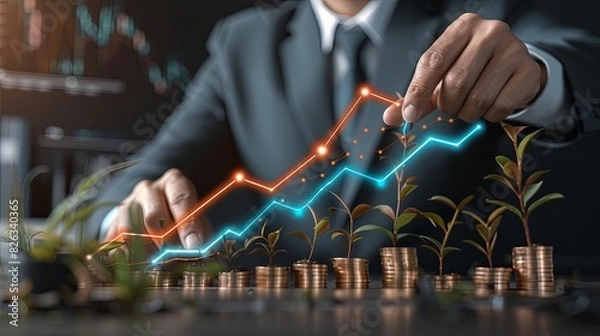 Obraz 2024 Business Financial Plan and Market Concept: Businessman Analyzes Profit Growth Performance from 2023 to 2024 with Revenue Graphs and Financial Education Trends