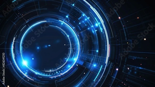 Fototapeta Futuristic digital technology background with glowing blue circular lights and abstract connections for innovation and tech concepts.