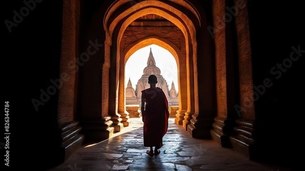 Fototapeta A captivating image of an individual standing in a temple tunnel looking towards a sunlit ancient structure, symbolizing exploration and history