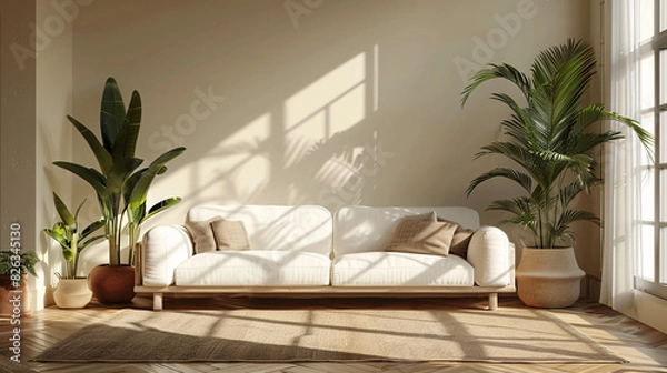 Fototapeta 3D mockup of a modern living room with a white wall, green plants, and contemporary furniture