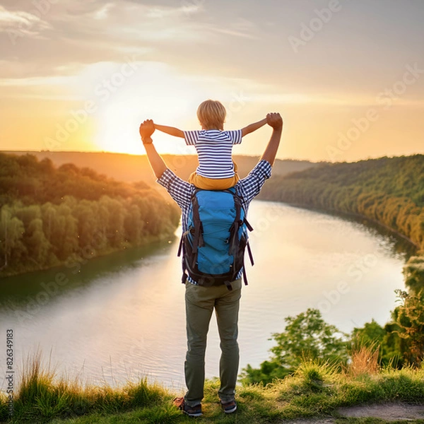 Fototapeta Fathers Back view of a little child boy sitting on his fathers shoulders holding hands and looking river into the enjoying sunset. Father walking with son