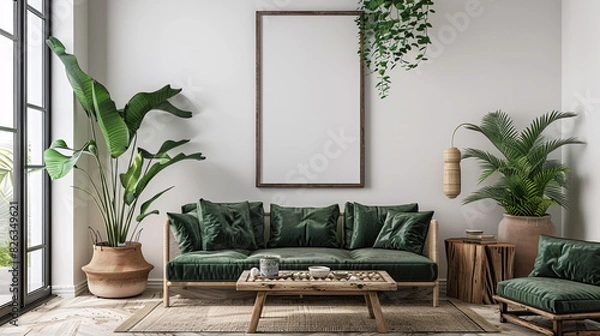 Fototapeta Blank white wall in a modern apartment with a comfortable lounge area and green plants