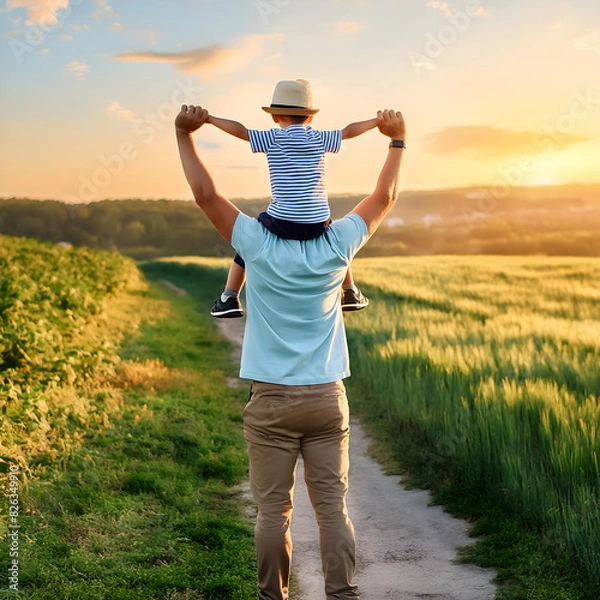 Fototapeta Fathers Back view of a little child boy sitting on his fathers shoulders holding hands and looking into the enjoying sunset. Father walking with son