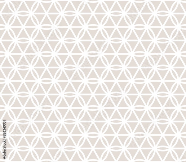 Fototapeta Subtle minimal vector geometric seamless pattern with curved lines, hexagons, triangles, circles, lattice, grid. Beige and white abstract background. Simple texture in arabesque style. Elegant design