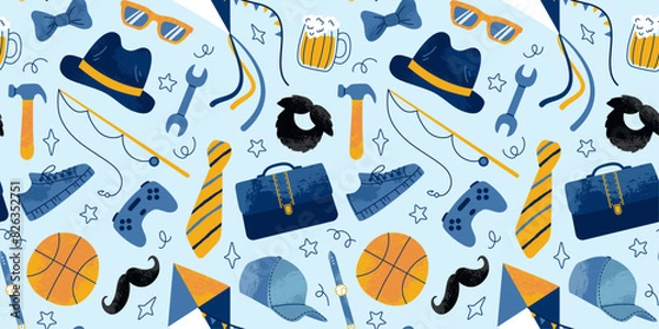 Fototapeta Seamless pattern for Happy Father's Day. Grunge textured hat, ball, mustache, bow tie, gamepad, kite, items, shoes, briefcase. For background, textile, wallpaper, wrapper.