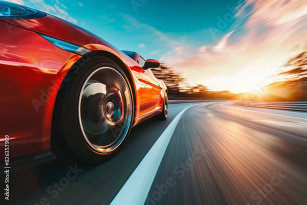 Fototapeta A sports car accelerating on a highway, captured from a low angle towards the front, with the car sharp and the road and landscape blurred to show speed.