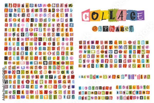 Fototapeta Alphabet collage of colorful cut out newspaper letters. Graffiti grunge style type font. Hand drawn alphabet .Handmade paper cut ransom note style font. Grunge punk clipped elements collection