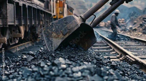 Fototapeta A closeup shot of a worker loading a large metal shovel with coal ready to transfer it onto a train car.