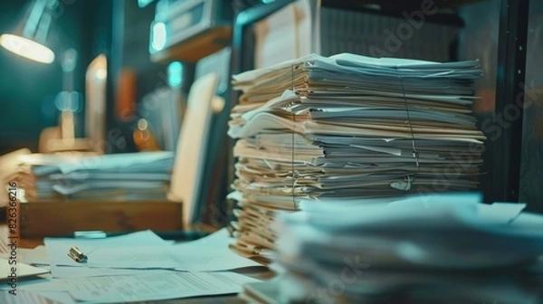 Fototapeta A large stack of neatly organized documents sits on a desk, representing the complexity of financial planning and the advisor's expertise.