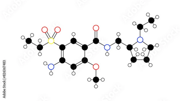 Fototapeta amisulpride molecule, structural chemical formula, ball-and-stick model, isolated image antiemetic
