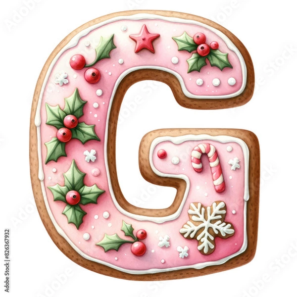 Fototapeta Christmas themed uppercase letter G with pink gingerbread cookie with decorations isolated on transparent background, alphabet clipart