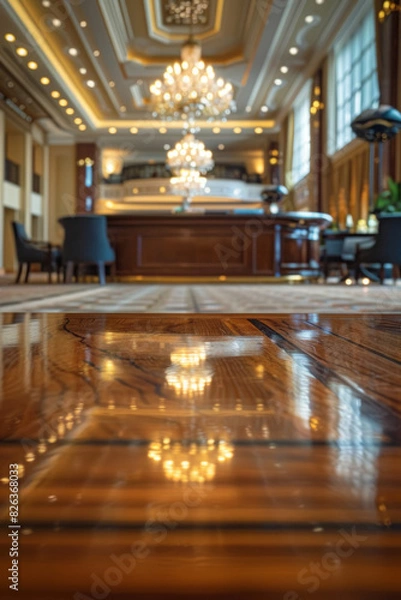 Fototapeta A polished wooden table in the foreground with a blurred background of a luxury hotel lobby. The background includes plush seating, elegant decors, a large chandelier, and a reception desk. 