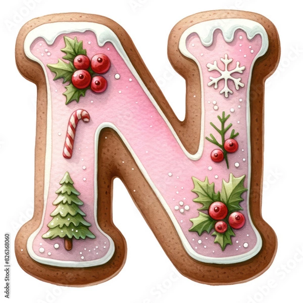 Fototapeta Christmas themed uppercase letter N with pink gingerbread cookie with decorations isolated on transparent background, alphabet clipart