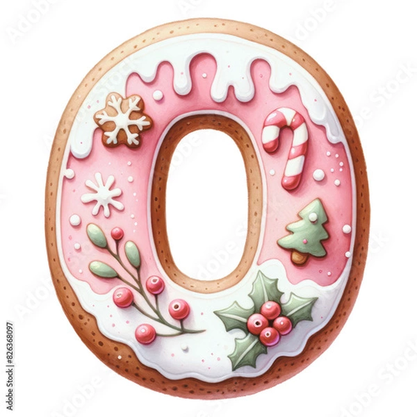 Fototapeta Christmas themed uppercase letter O with pink gingerbread cookie with decorations isolated on transparent background, alphabet clipart