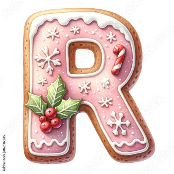 Fototapeta Christmas themed uppercase letter R with pink gingerbread cookie with decorations isolated on transparent background, alphabet clipart