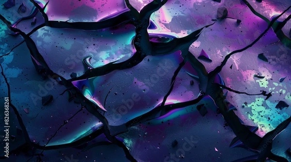 Obraz A chaotic scene of a shattered, cracked surface with deep grunge textures, overlaid with iridescent oil slick patterns reflecting vibrant purples, blues, and greens.