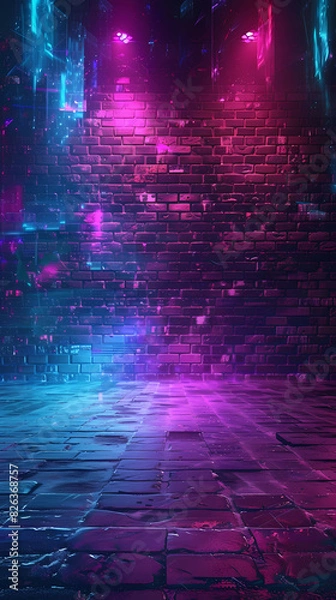 Fototapeta Brick wall and neon lights background