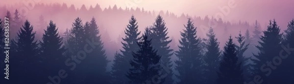 Fototapeta Forest silhouette, gradient sky, twilight ambiance, tranquil