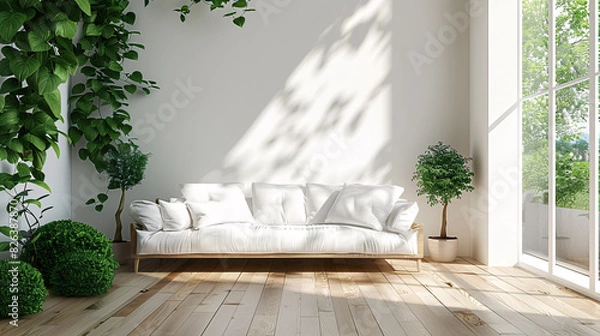 Fototapeta Spacious living room with a white sofa, green plants, and wooden furniture, modern design