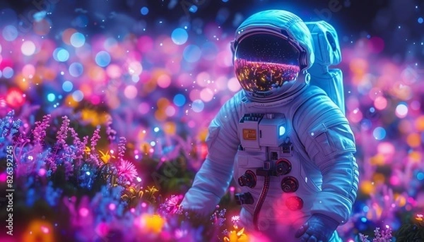 Obraz Astronaut in a field of glowing flowers, a surreal and psychedelic scene.